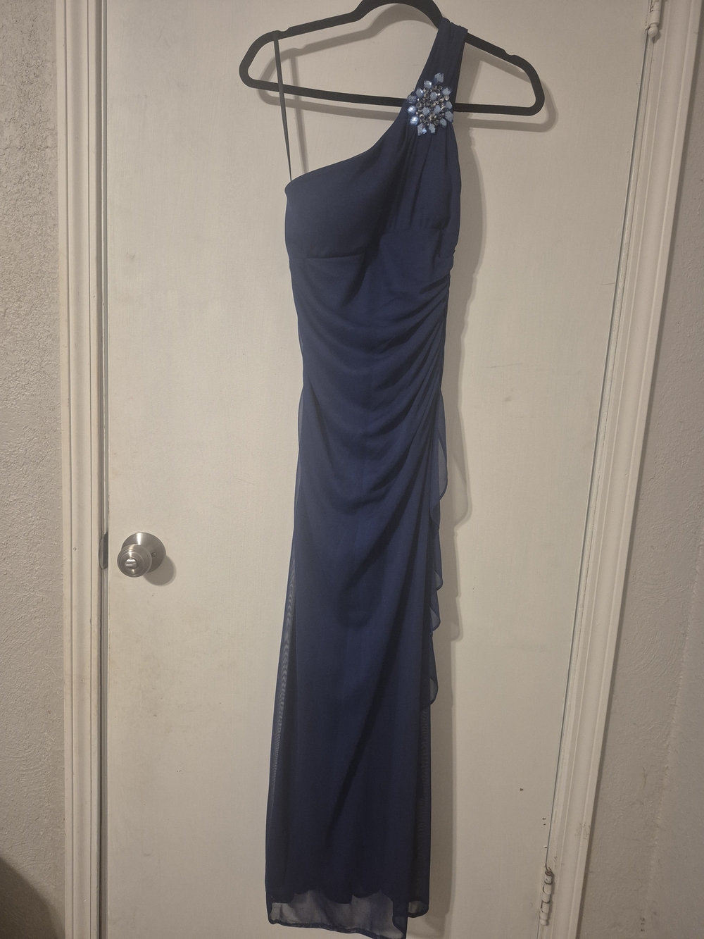 One-Shoulder Navy Evening Gown with Beaded Accent